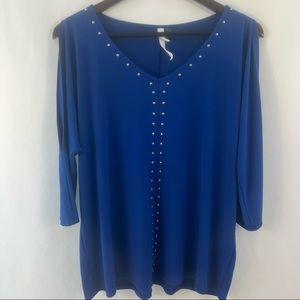 NY collection Top Women's L Large Open Cold Shoulder Blouse Royal Blue Studs